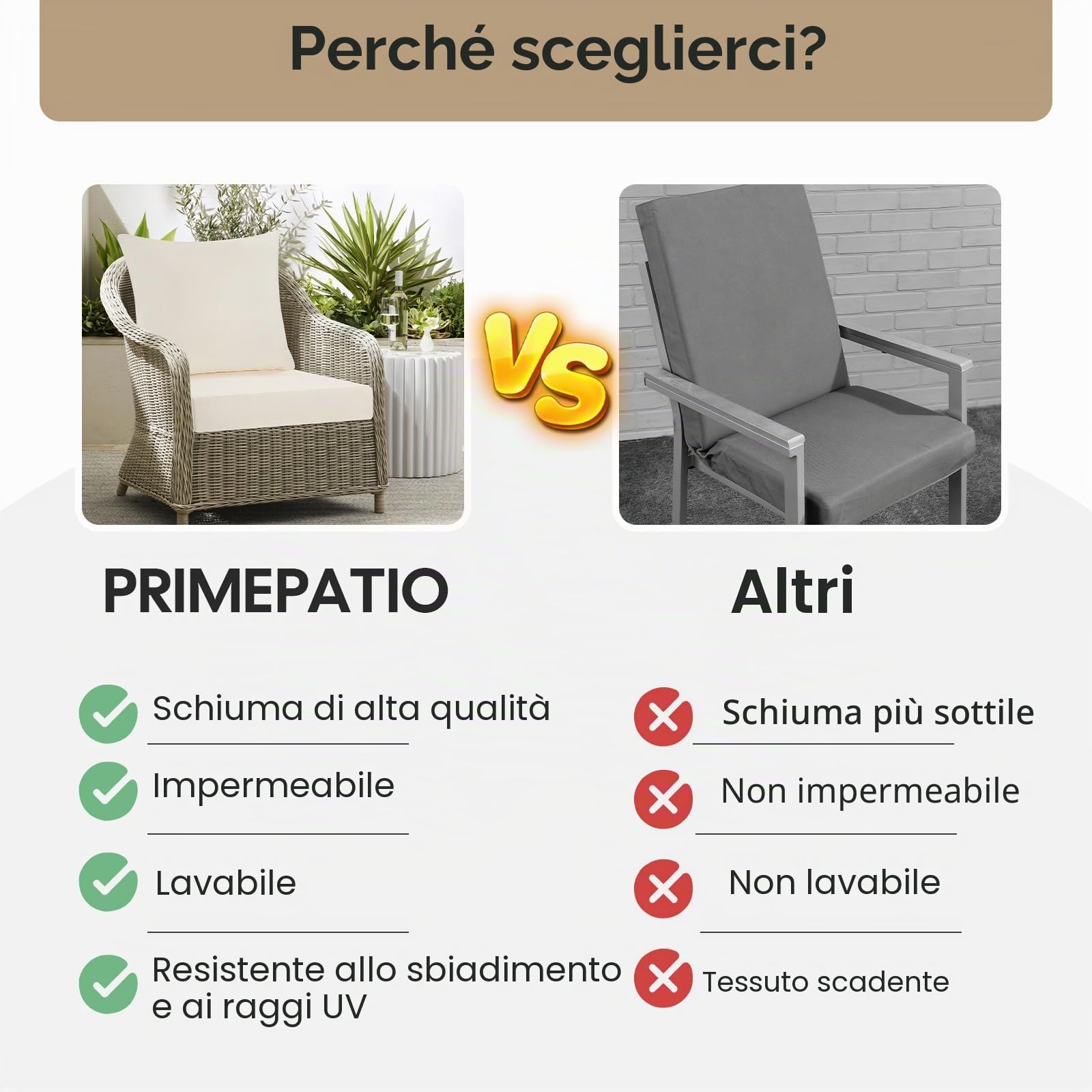 Cuscino per sedia da giardino con schienale, spessore 7 cm, impermeabile, con fodera rimovibile, cuscino per mobili da patio, con laccetti, per sedie del divano, 45 x 45 cm, beige