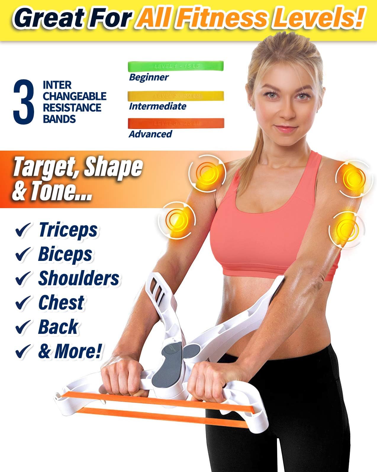 Poppin Kicks Arm Machine Workout System with 3 Resistance Training Bands Fitness Equipment for Women Tones Strengthens Arms Biceps Shoulders Chest New Generation