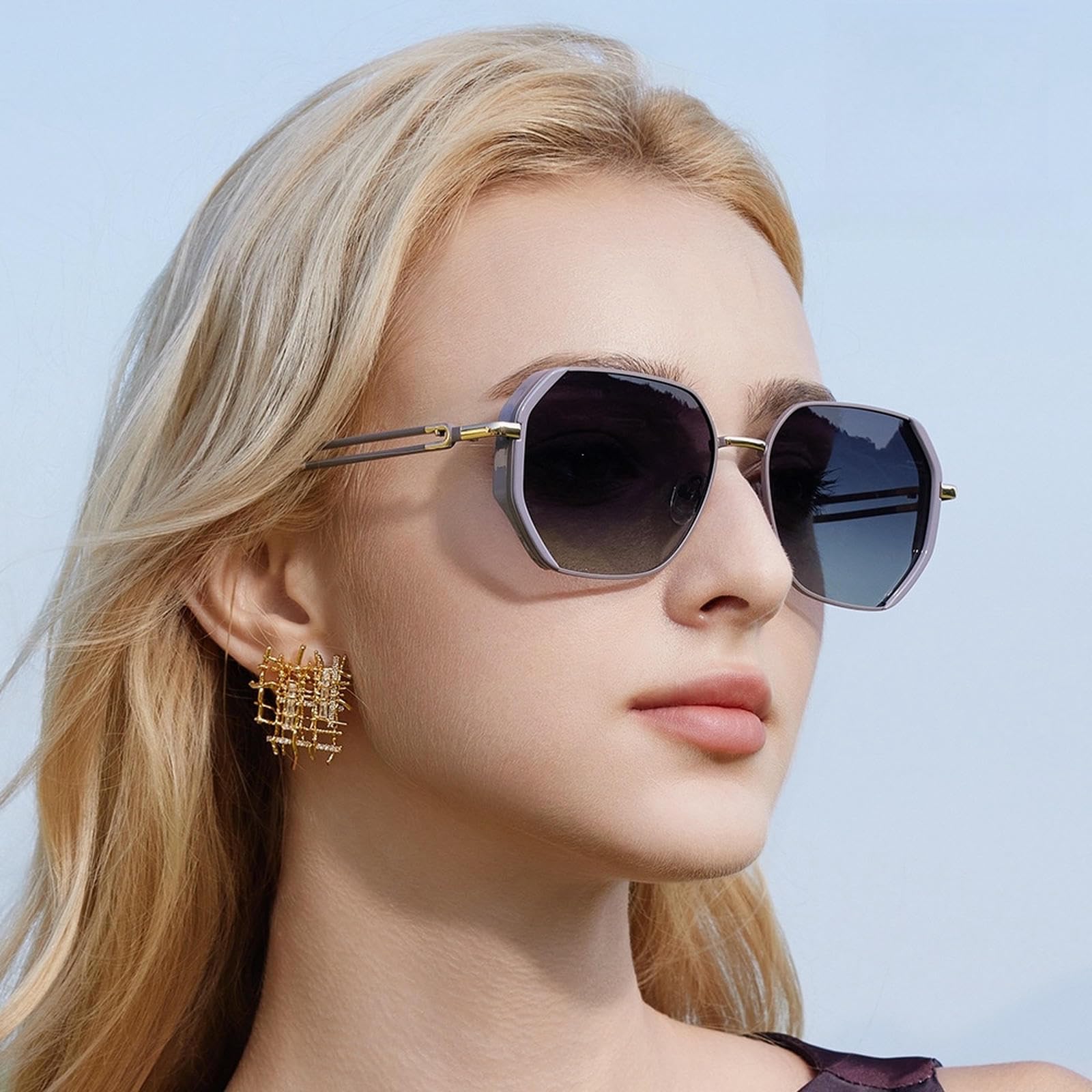 Sonnenbrille Damen Damenmode Gradient Polygonal Geht Aus Strand Straße Schießen Pendeln Sonnenviser-c48 Goldrahmen Progressives Grau