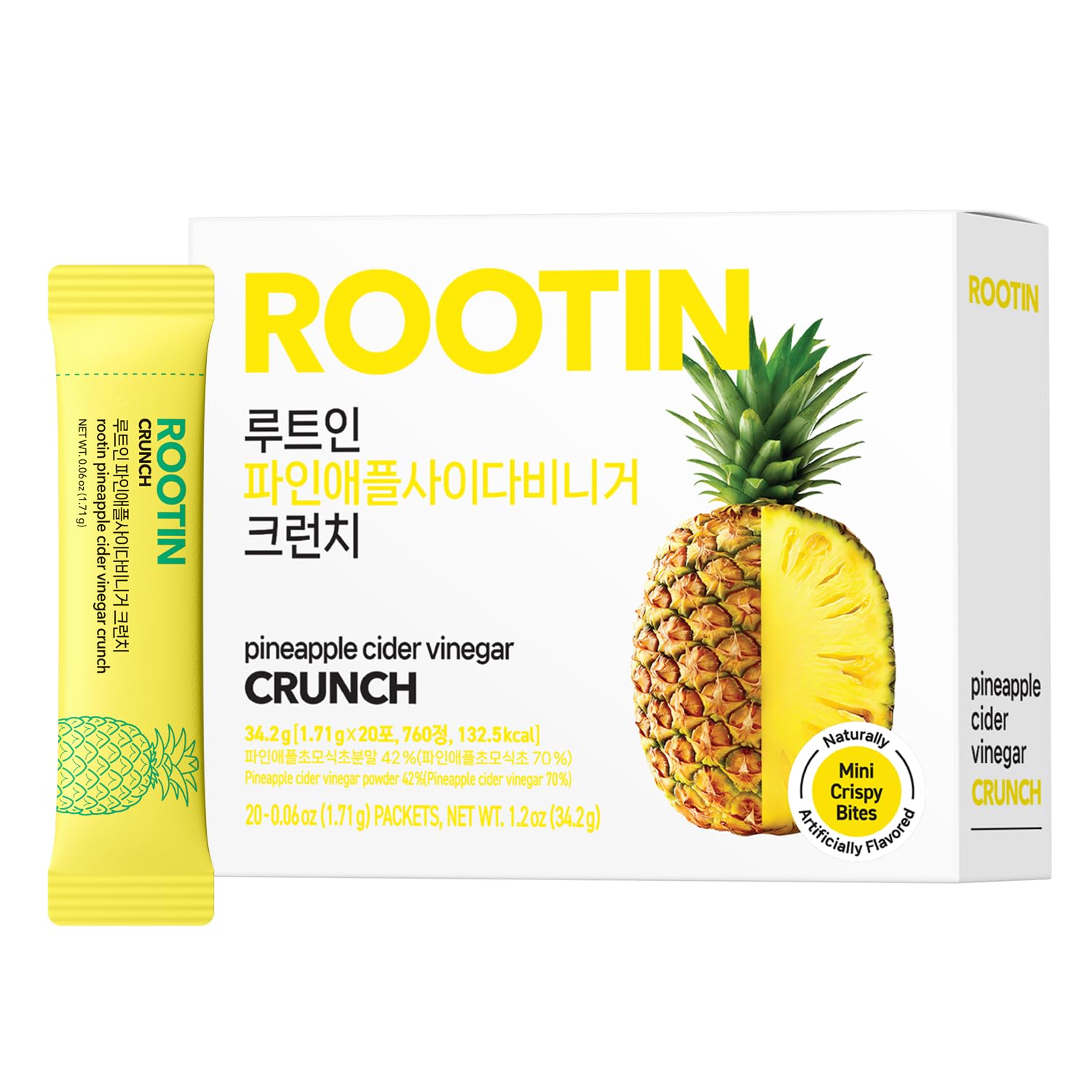 ROOTIN Pineapple Cider Vinegar Crunch, 42% PCV Powder, Sweet Chewable After-Meal Refreshing Snack, Waterless Portable Stick Packs, Low Calorie Crunch Snack, 20 Sticks (1.2 oz)