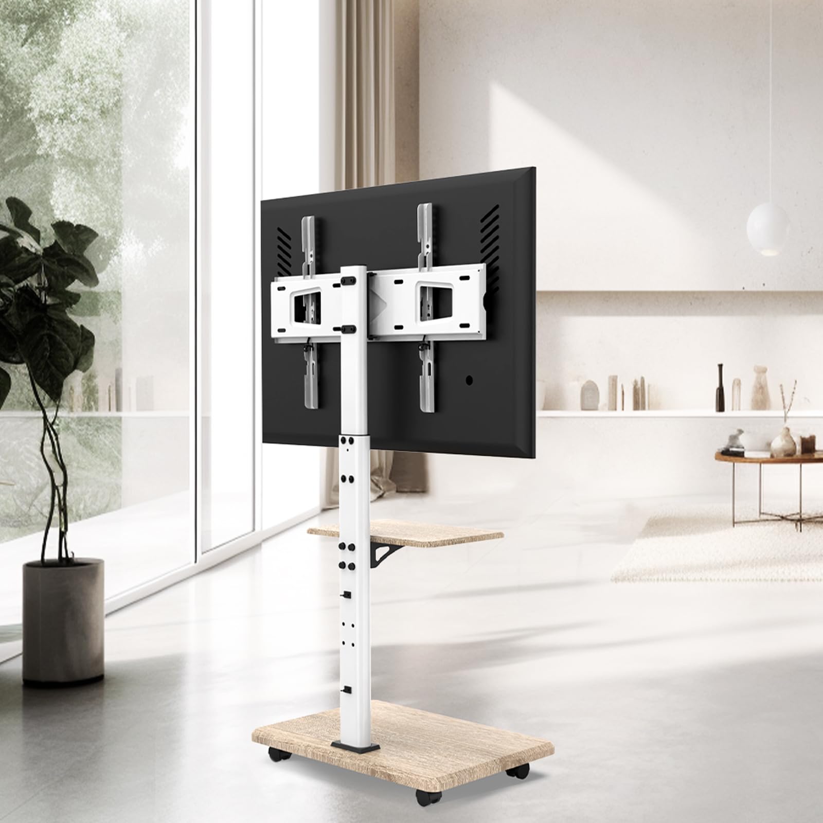 Delphos Support TV Mobile avec Socle en Bois, Meuble TV à roulettes 32-70" jusqu'à 45 kg, Chariot Meuble TV réglable en Hauteur jusqu'à env. 130 cm, Rotatif ±25° Max. VESA 600x400 Blanc