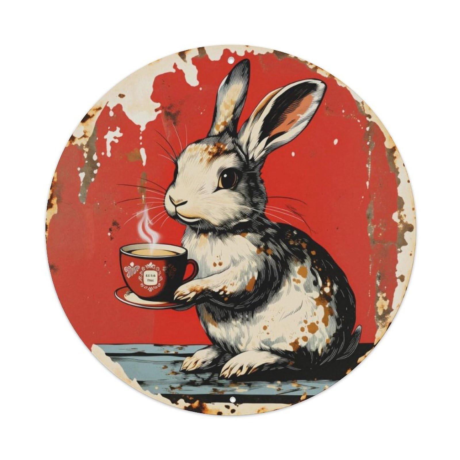 Vintage Rabbit With Tea Cup Round Decor Sign Vintage Aluminium Metal Sign, Retro Wall Decor for Home, Bar, Garage & Farmhouse 20x20cm