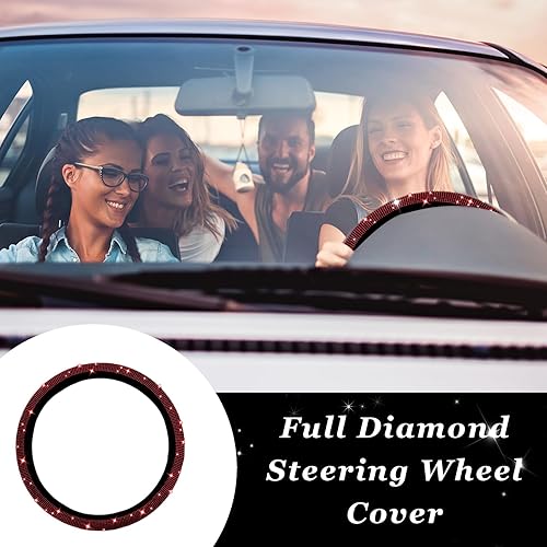 Miniatura 10 de Funda brillante para volante, protector de volante de automóvil con diamantes de cristal de 15 pulgadas para mujeres y niñas, accesorios de