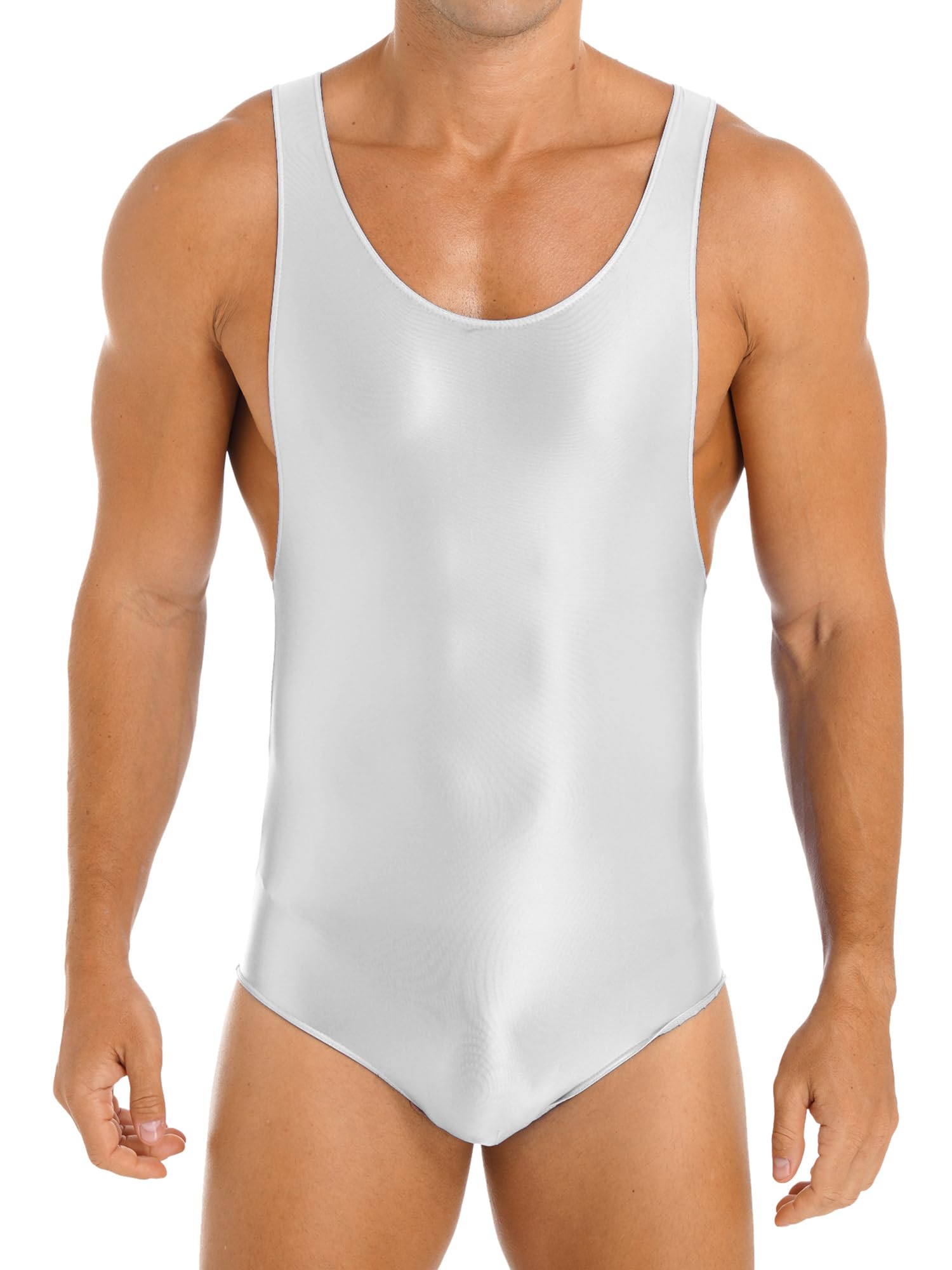 CHICTRY Mens Stretchy One-Piece High Cut Thong Leotard Bodysuit Racerback Wrestling Singlet Swimsuit 2# White M