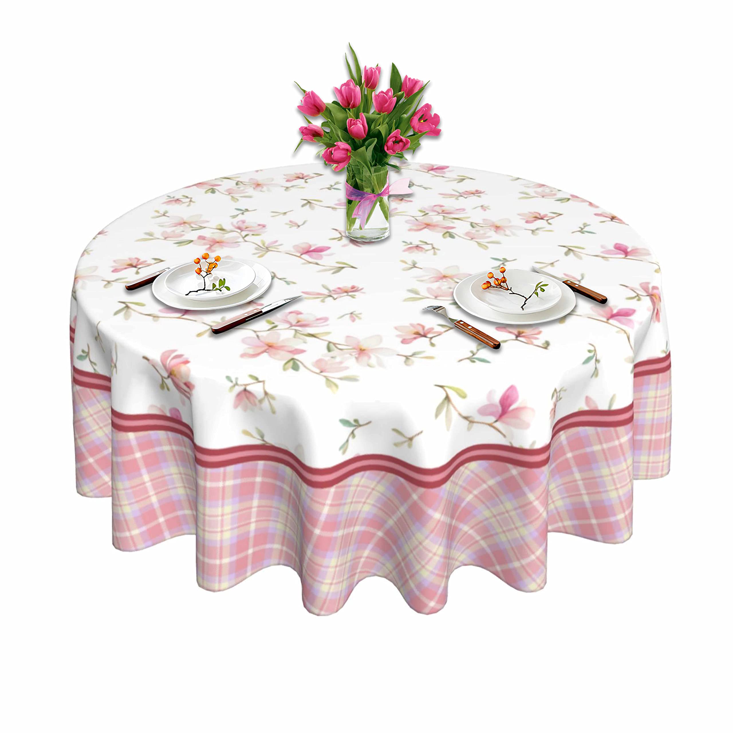 smuxqni Floral Tablecloth Pink Gingham Tablecloth Round 60 Inch Washable Reused Spring Plaid Table Cover for Home Patio Party Picnic Dinner Table Decor 60 INCH ROUND
