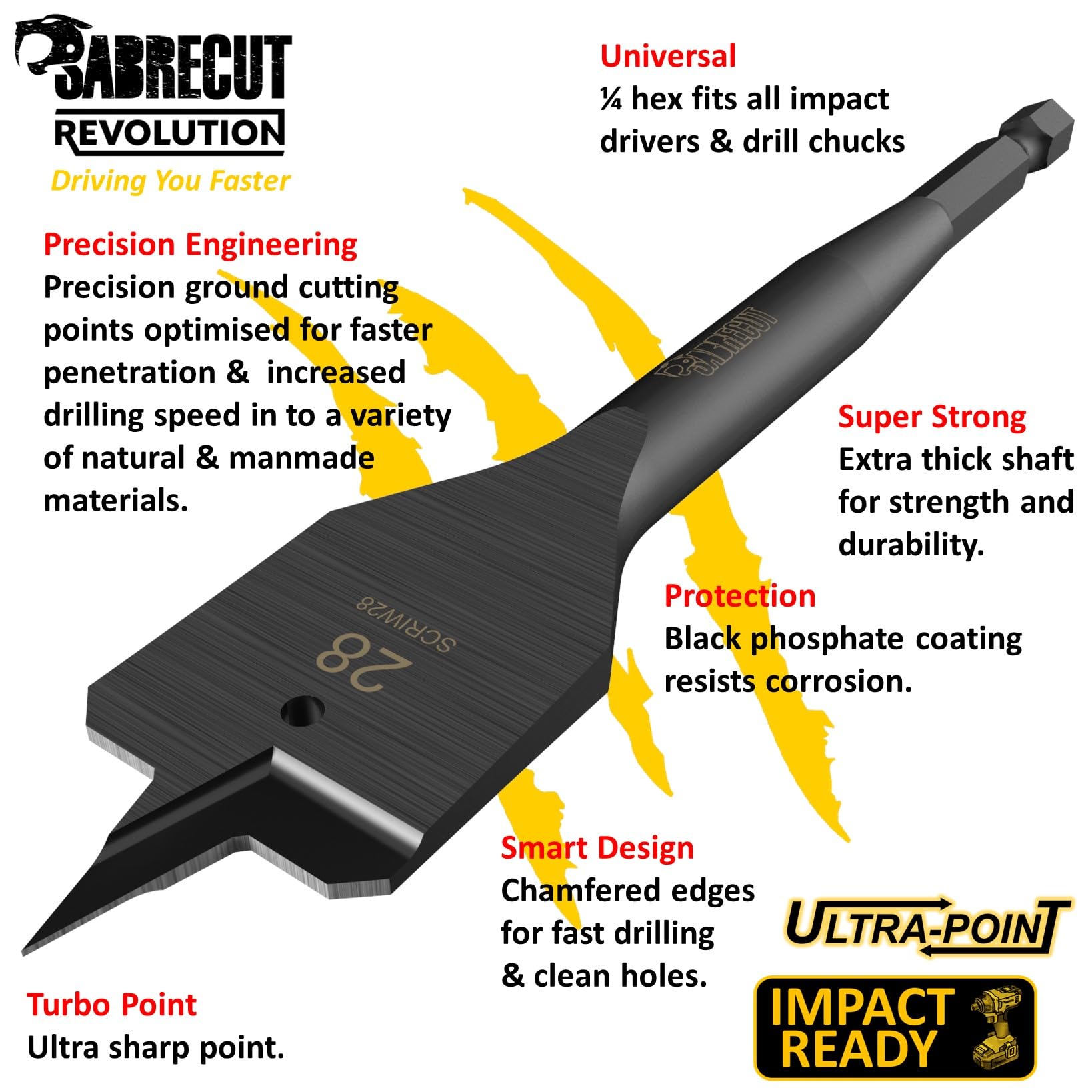 Image secondaire de Lot de 3 Forets Plats à Bois SabreCut 28 mm x 152 mm pour Visseuses et Perceuses