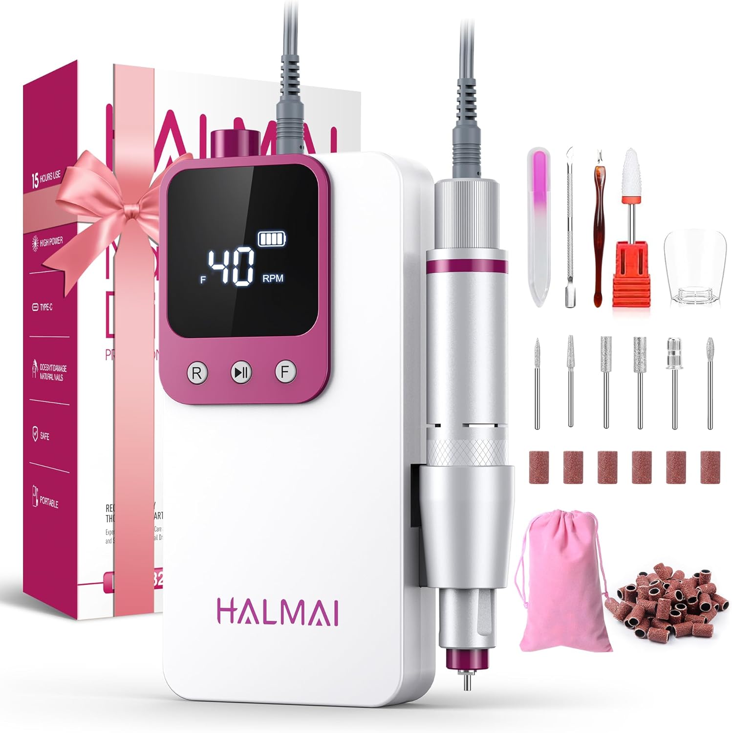 HALMAI Elektrische nagelboor professionele, draagbare nagelvijl voor acrylgelnagels, draadloze oplaadbare ultra power nagelboorset 40000 RPM, HMC320 Salon-grade Efile nagelmachine (wit)