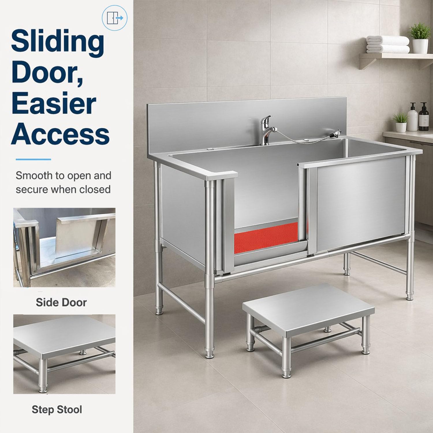 Estación de baño para Perros Lavar Independientes desagüe Bañera de Acero Inoxidable para Mascota Bañera Peluquería Canina Fregaderos con Ducha Pet Bath Tub Dog Grooming，100 * 60 * 40 m