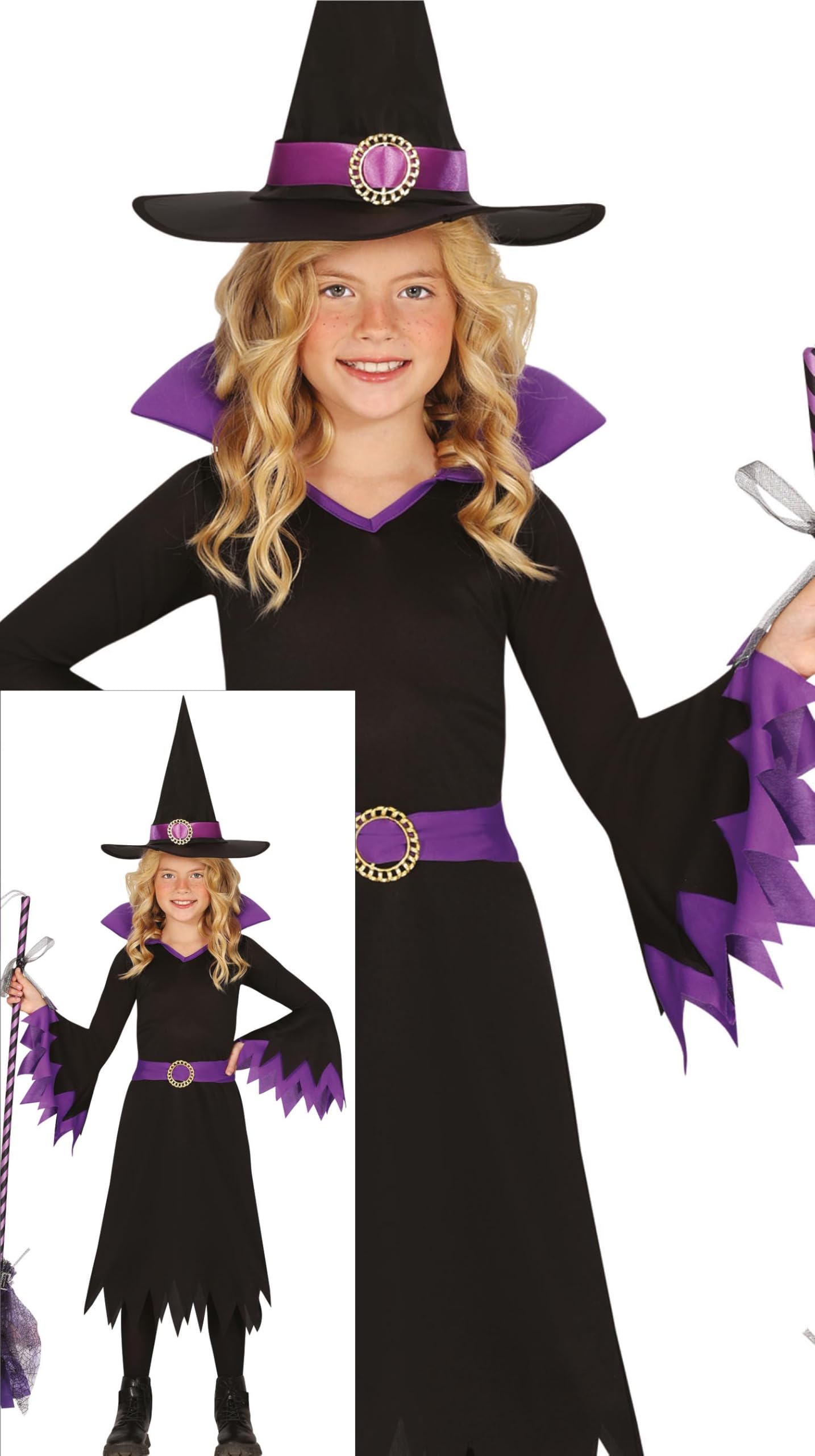 FIESTAS GUIRCA Disfraz de Bruja Lila para Niña - Incluye Sombrero de Bruja y Vestido de Bruja Negro y lila - Disfraces de Halloween para Niñas