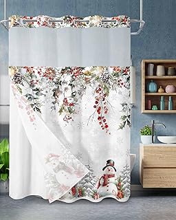 No Hook Shower Curtain with Snap in Liner Christmas Cedar Cones Eucalyptus Leaves Snowman Snowflakes Shower Curtain for Bathroom, Fabric Waterproof Inner Liner, Hotel Style with Mesh Top Window, 48x72