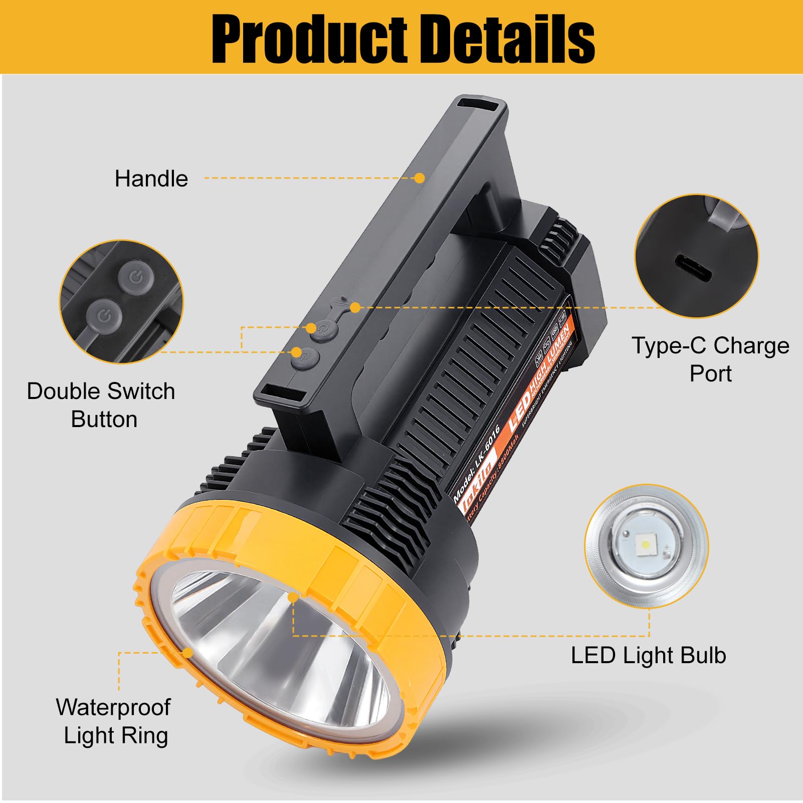 Linterna LED recargable con pantalla de alimentación, 4 modos de luz, linterna de mano de alto lúmenes, interruptor doble, linterna portátil impermeable para camping, senderismo, uso en interiores y