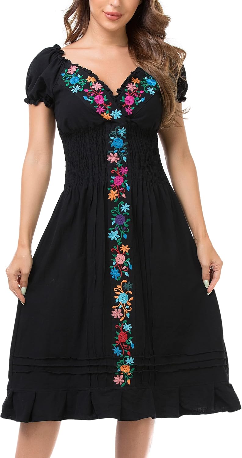 YZXDORWJ Women Mexican Embroidered Casual Dress Summer Ruffle V Neck Short Sleeves - Image 4