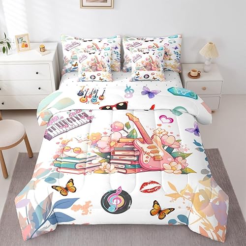 Erosebridal 7Pcs Music Theme Bedding Sets Queen Guitar Floral Butterflies Comfor