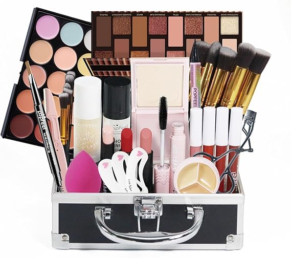 Popfeel Full Beauty Makeup Cosmetics Set, 21-Piece Set, Beginner Set, Makeup Set, Foundation, Eye Shadow, Blush, Concealer, Lip Gloss, Lipstick, Mascara, Eyebrow Pencil, Makeup Brush Set with Storage Box, Long Lasting, Full Beauty Makeup Set, Beginners, Popular Cosmetics Set with Storage Box, Christmas, Valentine's Day, New Year, School Entrance Ceremony, Gift, Black