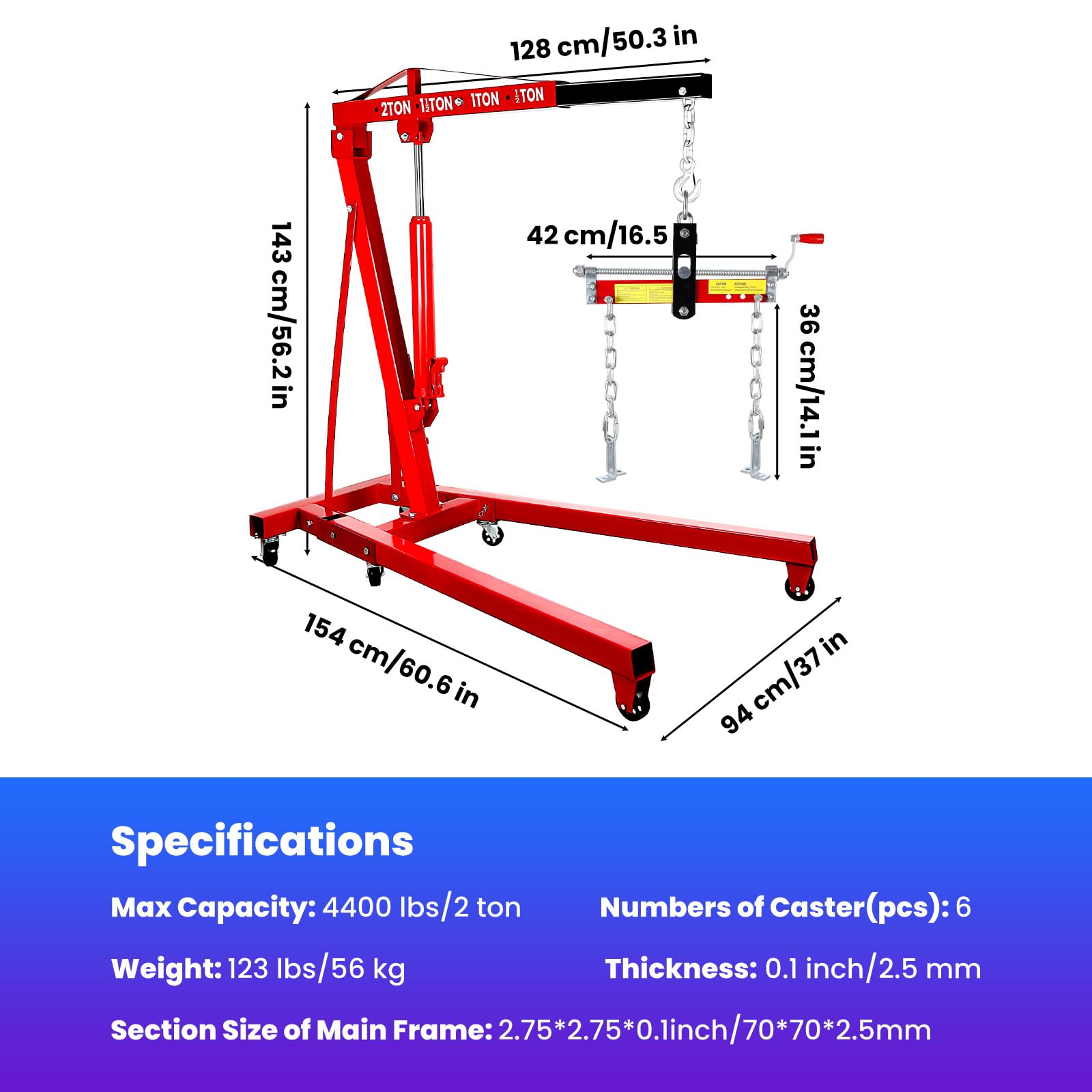 2 Ton Engine Hoist Cherry Picker, 4400 LBS Hydraulic Engine Lift Crane with Foldable Frame, 360° Steel Casters, Adjustable Boom & 8 T Pump for Workshop Use