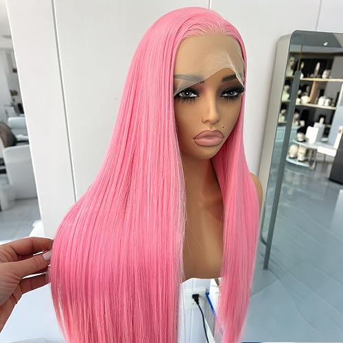 Miniatura 4 de UNIQUEWIG Pelucas sintéticas de 24 pulgadas con encaje frontal, color rosa, largas, sedosas, lacias, con raya en medio, línea capilar natural,