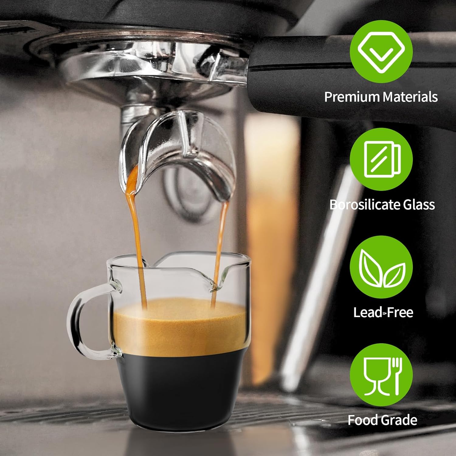 Espresso Cups Set of 2, 6 Oz Expresso Shots Cup, Stackable Espresso Shot Glass, Double Spouts Milk Cup, Clear Glass Mugs with Handle for Coffee Bar