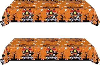 Lot de 2 nappes d'Halloween en plastique - 137 x 274 cm - Noir/orange - Jetables - Décoration de table - Citrouille, chauve-souris, squelette - Tête de mort - Imperméables - Pour enfants - Décorations