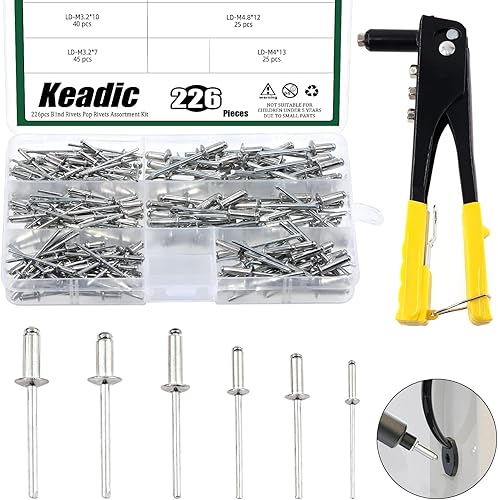 Keadic Remachadora Manual Resistente de 226 Piezas con Kit Surtido de Remaches Ciegos de Aluminio de 6 Tamaños, Remaches Pop M2.4 M3.2 M4 M4.8 en