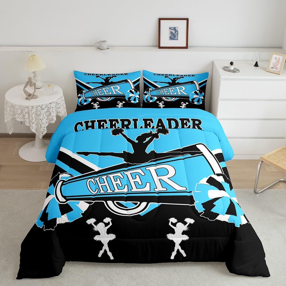 Cute Cheerleader Twin Comforter Set 7-Piece Black and Blue Bedding Comforter Sets, Cheerleading Bed in a Bag Dancer Theme Bedding Set, Cheerleading Dance Bed Sheets Set for Girls Bedroom Decor