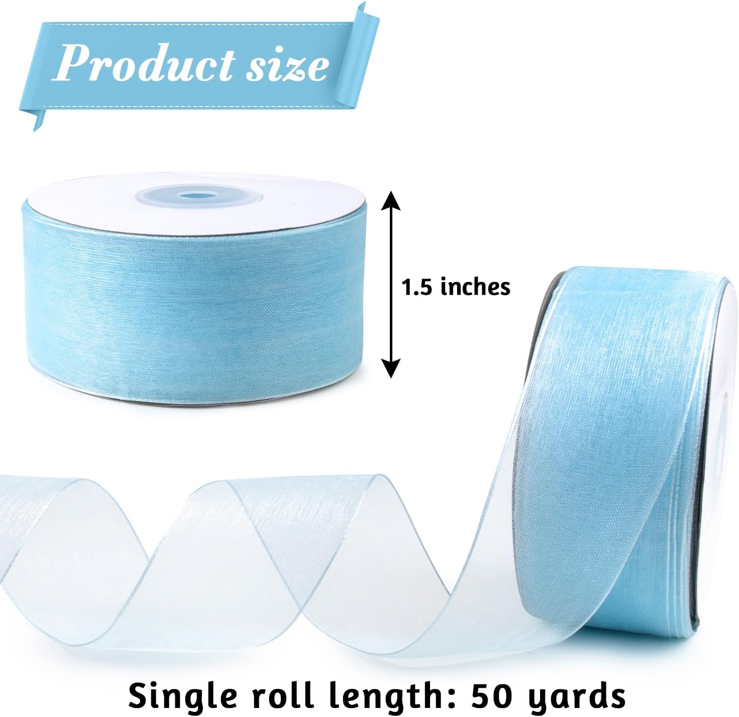 Light Blue Organza Sheer Ribbon 1-1/2 Inch x 50Yds Each Roll, Baby Blue Sky Blue Clear Chiffon Sheer Fabric Ribbon for Christmas Tree Gift Wrapping Wedding Flower Bouquet Hair Bows Crafts