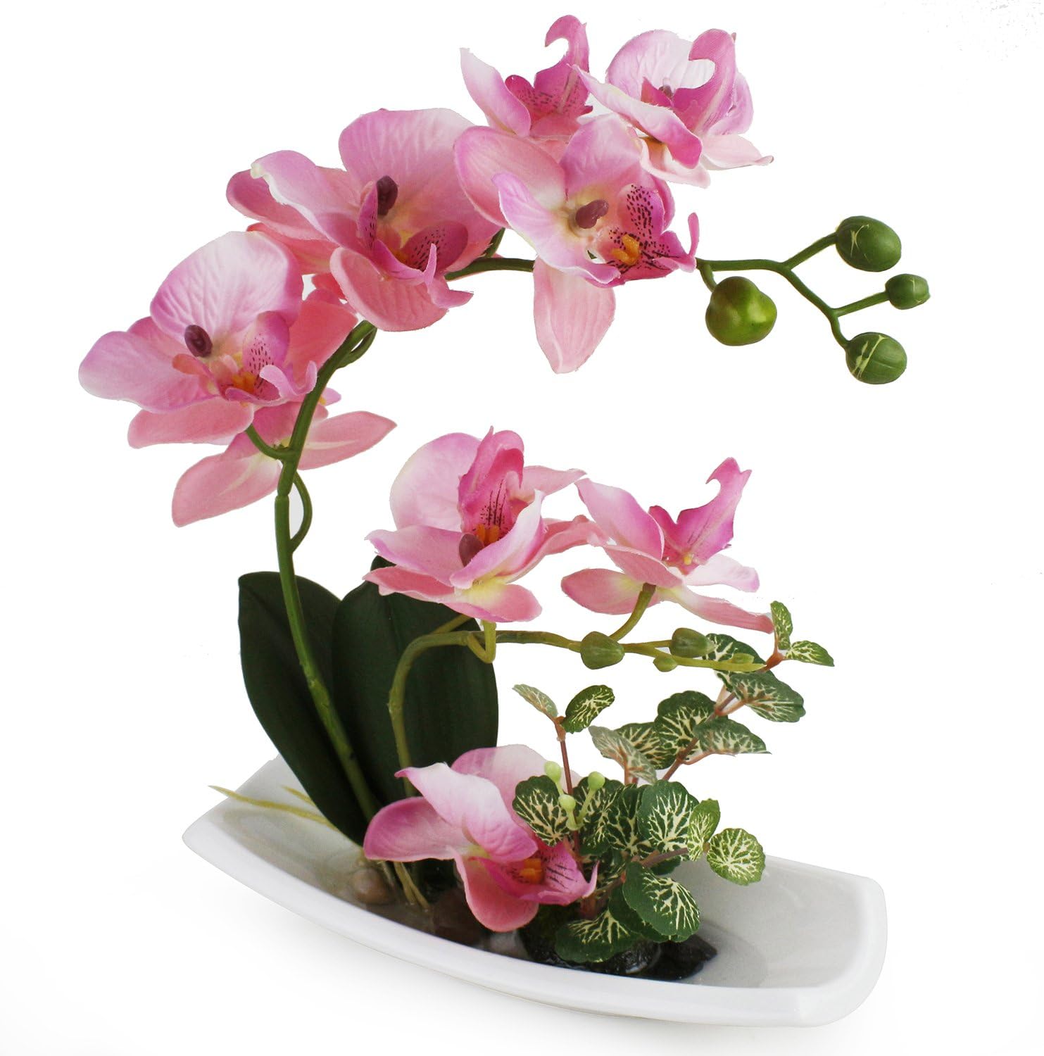 Artificial Orchid Flower Arrangements with White Porcelain Vase, Artificial Bonsai Centerpiece Decoration, Plastic Flowers, Realistic & Lifelike (Pink)