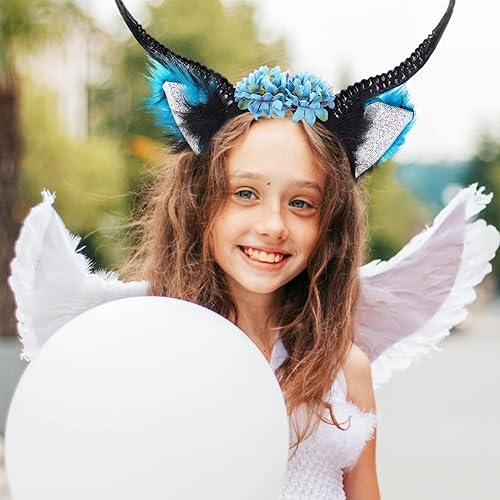 Miniatura 6 de Lurrose Diadema de cuernos del diablo con cuerno de buey, diadema de cuerno de oveja negra, tocado de cuernos de demonio