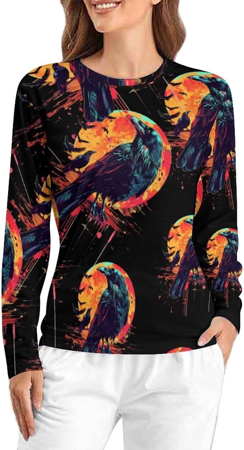 Watercolor Raven Moon Crow Women's Pajama Top Sleepwear Pajamas Sleep T-Shirt Long Sleeve Shirt Crewneck Tee