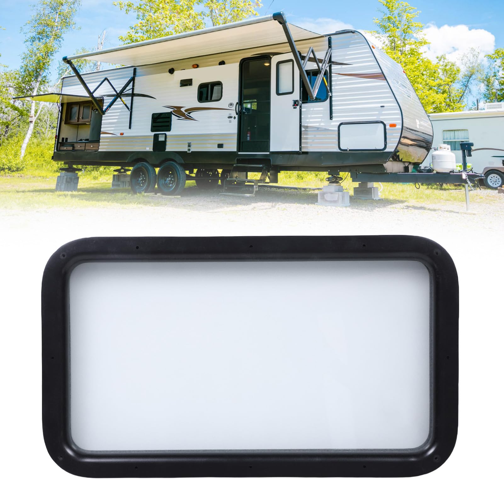 Fockety Fenêtre de Porte d'entrée pour VR (12 po L x 21 po H) avec Cadre Noir, Verre Opaque dépoli, Remplacement de fenêtre pour Caravane, remorque de Voyage ou Camping-Car