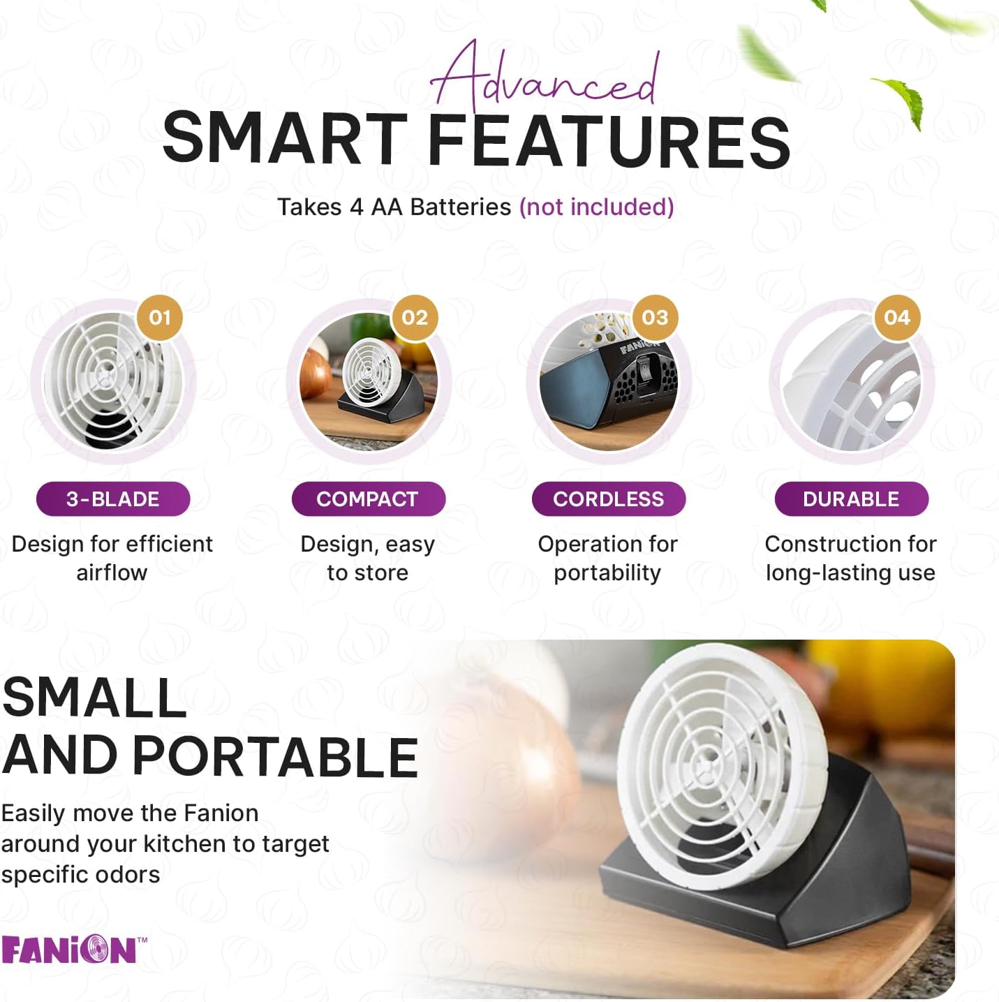 Fanion Cordless Kitchen Prep Fan - Portable Fan for Cutting Onions Without Tears - Cute Onion-Shaped Fanion for Comfortable Cooking & Meal Preparation - Portable and Battery Operated (Pearl) image 3