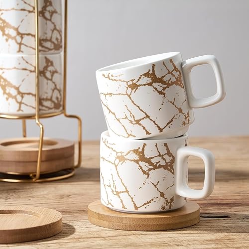 Miniatura 6 de LUKA Taza de café expreso de porcelana con platillo y soporte de metal, 4 onzas líquidas apilables de cerámica Demitasse Espresso tazas para café