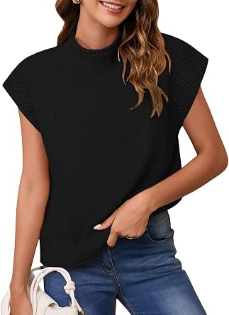 Pink Queen Womens 2025 Fall Mock Neck Sweater Vest Cap Sleeve Pullover Knit Tops