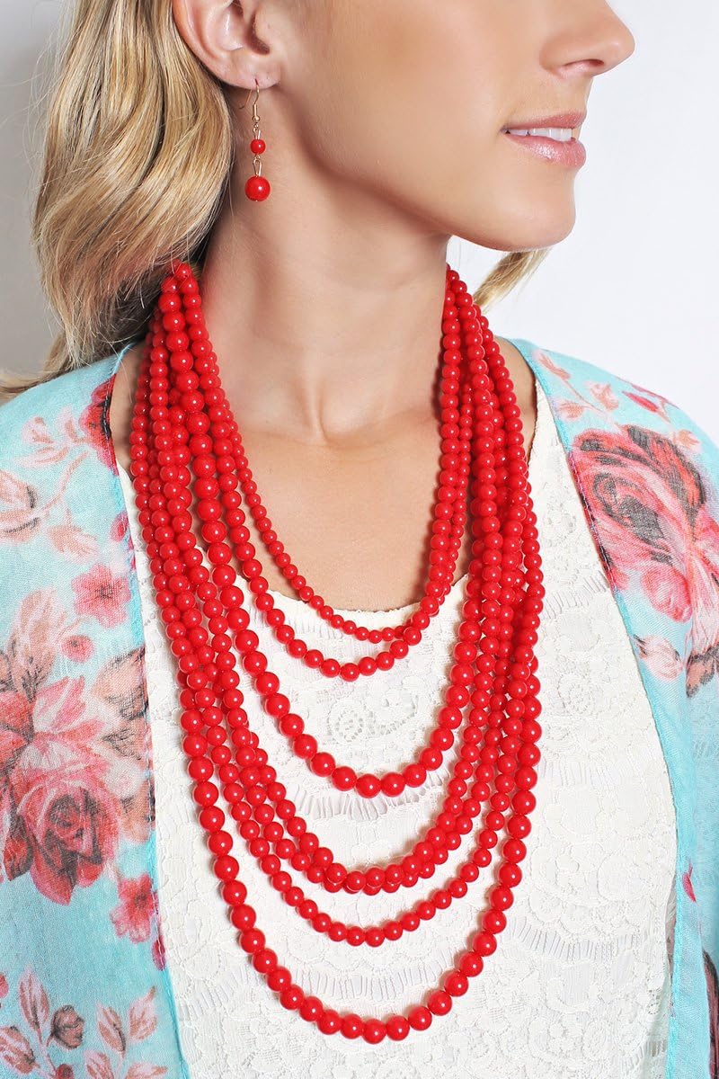 RIAH FASHION Multi Beaded Bubble Statement Necklace - Round Ball Chunky Drape Bib Collar Marbled, 7 Layer Long image 3