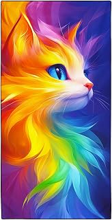 Mikrofaser Groß Strandtuch 90x180 cm - Schnelltrocknendes & Kompaktes Handtuch/Strandhandtuch, Regenbogenfarbene Katze Motiv Badetücher für Reise Urlaub Camping mit Tasche