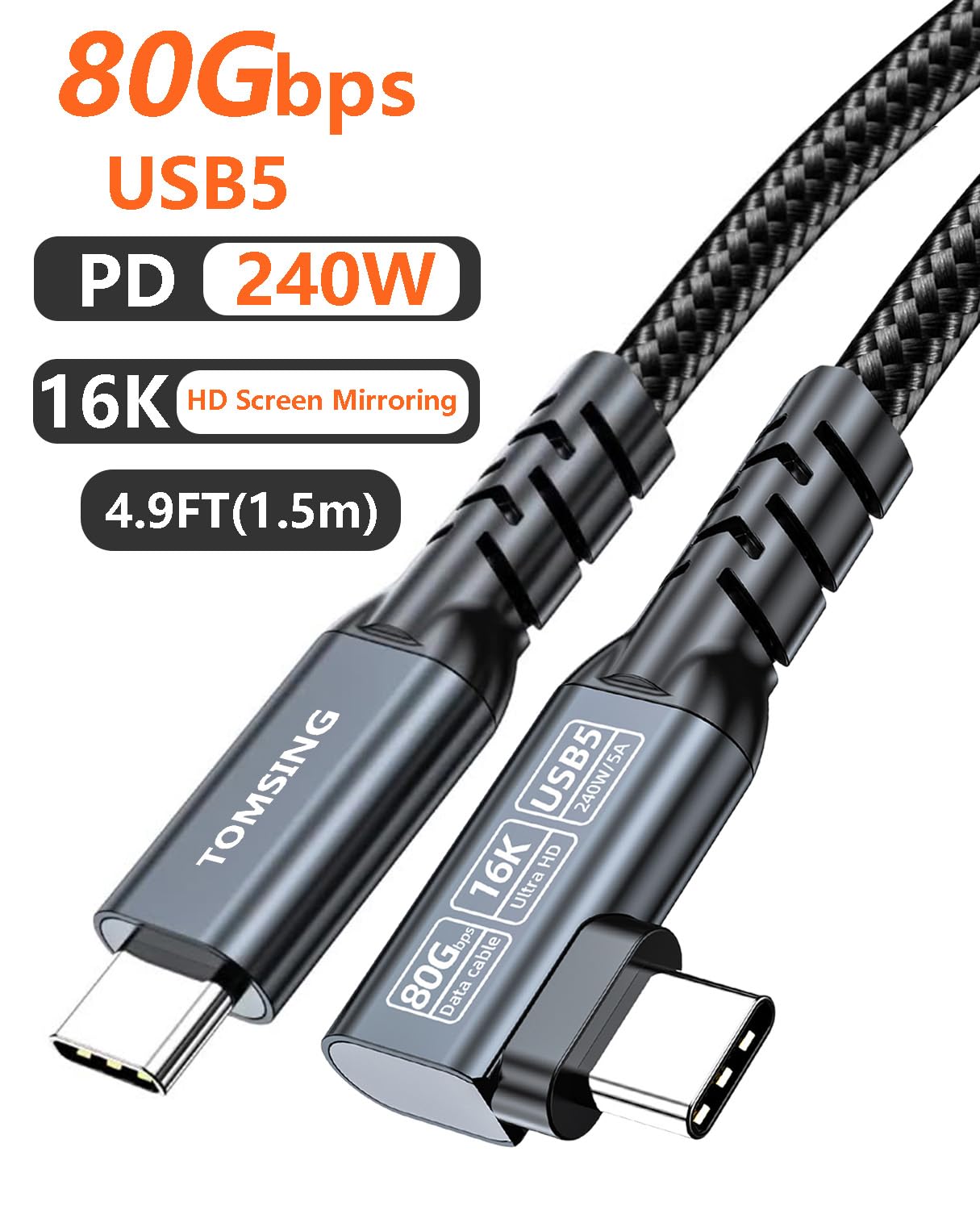 Cable de carga rápida USB C a USB C de 240 W en ángulo recto [1,5 m], USB 3.2 de 80 Gbps de alta velocidad, video HD de 16 K, trenzado de nailon, cable tipo C macho a macho para portátiles