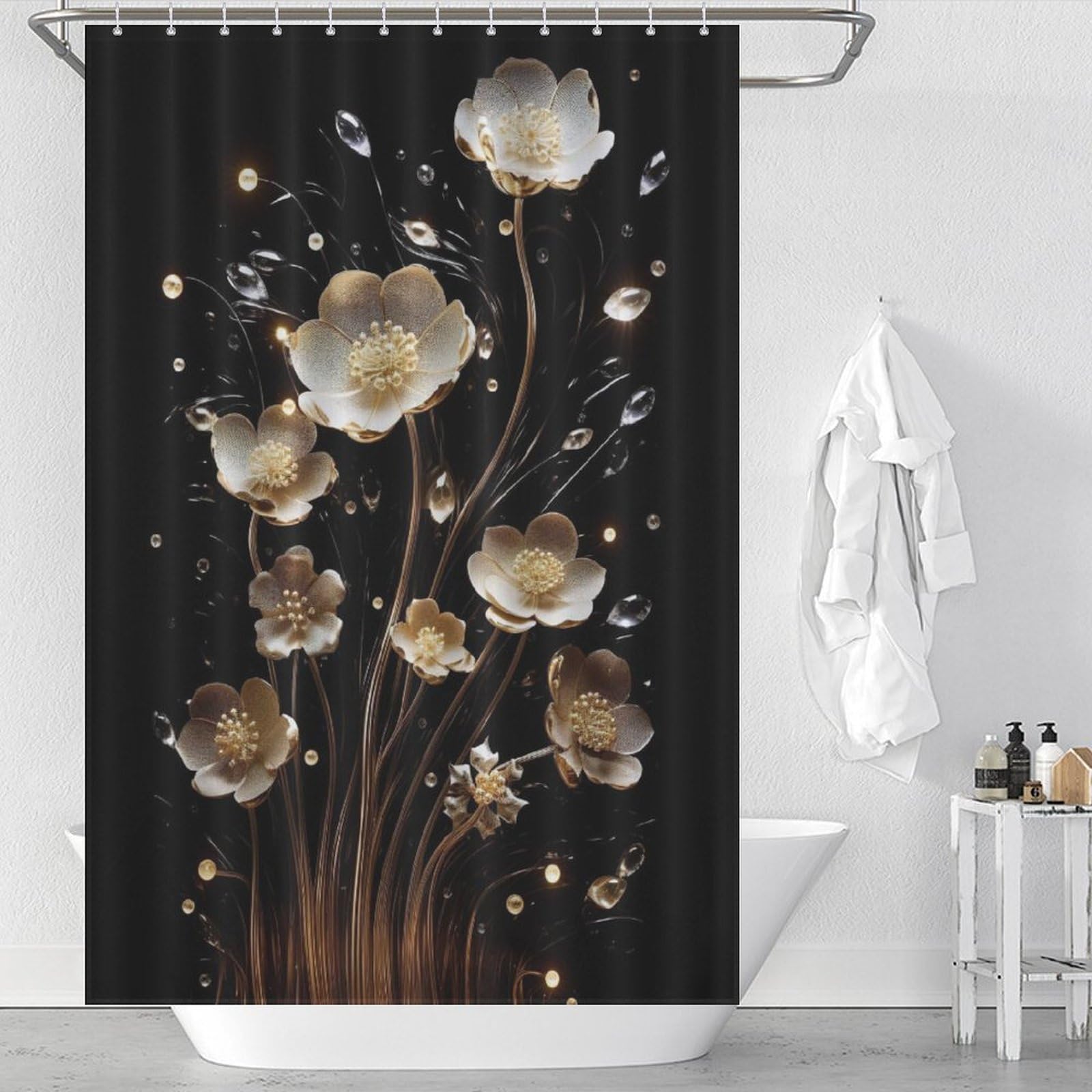 Rideau douche lavable machine tissu anti-moisissure imperméable 12 crochets