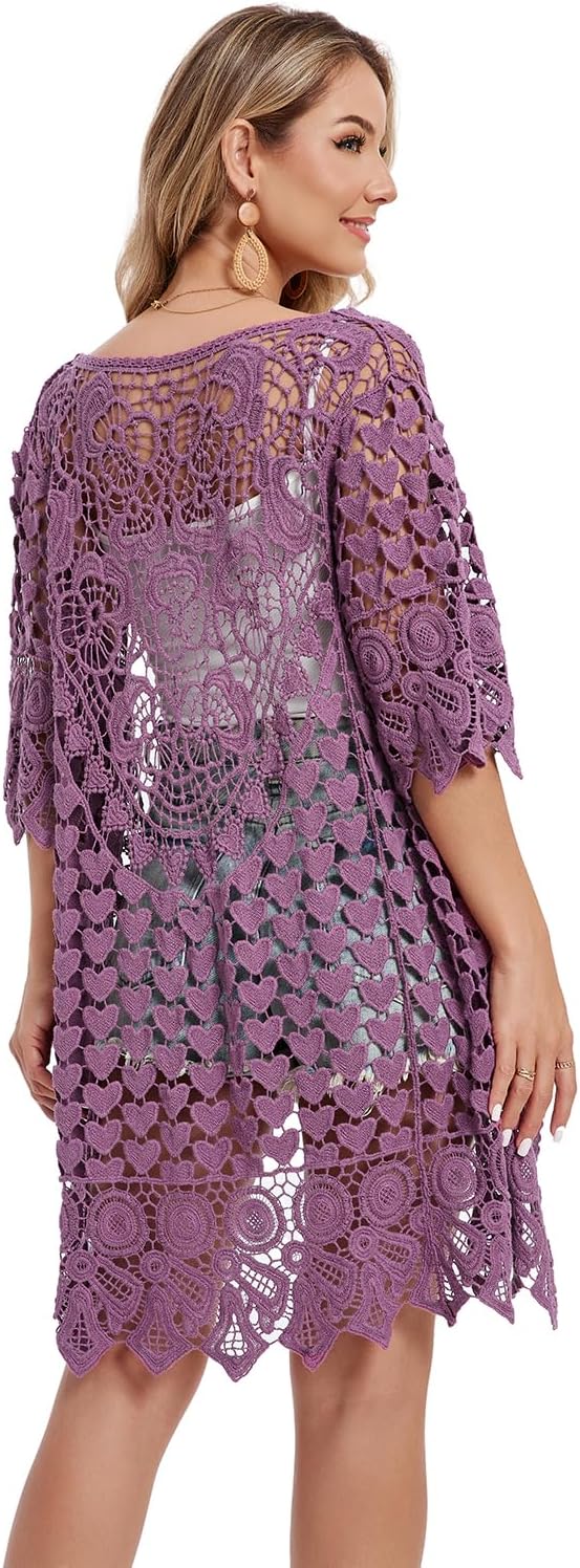 Women's Hollow Out Lace Kimono Short Sleeve Crochet Cardigan Cover up - Image 2
