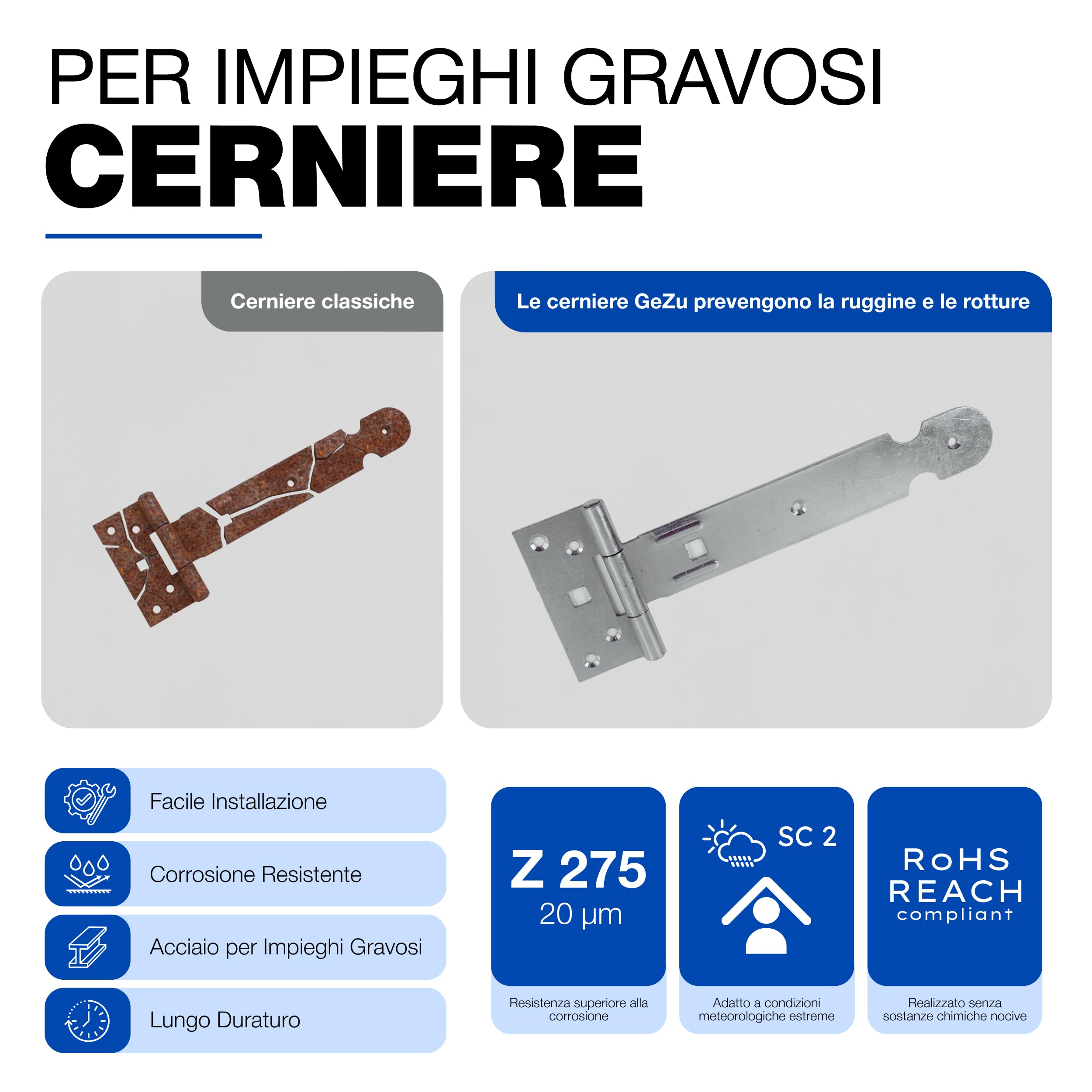 GeZu Impex Cerniera T 200 mm Set di 6 | Elettroplaccato Robusto Gancio per Cancello e Capanno Cerniere per Porta in Legno