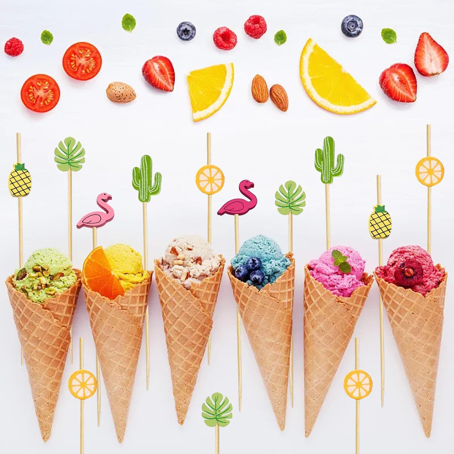 Photo 1 of 150 PCS Hawaiian Appetizer Picks Tropical Cocktail Toothpicks Party Decorations for Drinks Bamboo Charcuterie Skewers Flamingo Pineapple Palm Leaf Orange Cactus Sticks for Food Luau Hawaii Beach