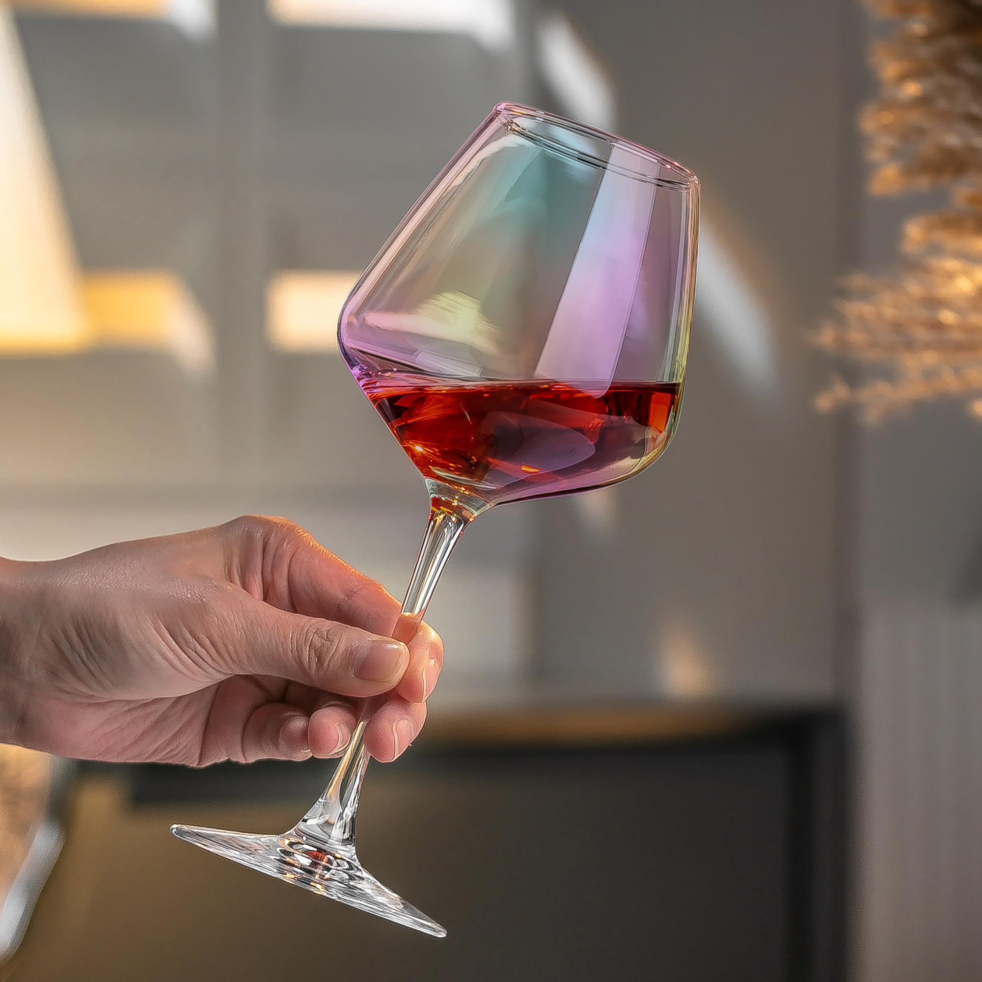 PTSTING Copas de vino iridiscentes de 15.5 onzas, juego de 4 copas de vino burdeos para degustación de vino, regalo de boda, aniversario, Navidad, cumpleaños