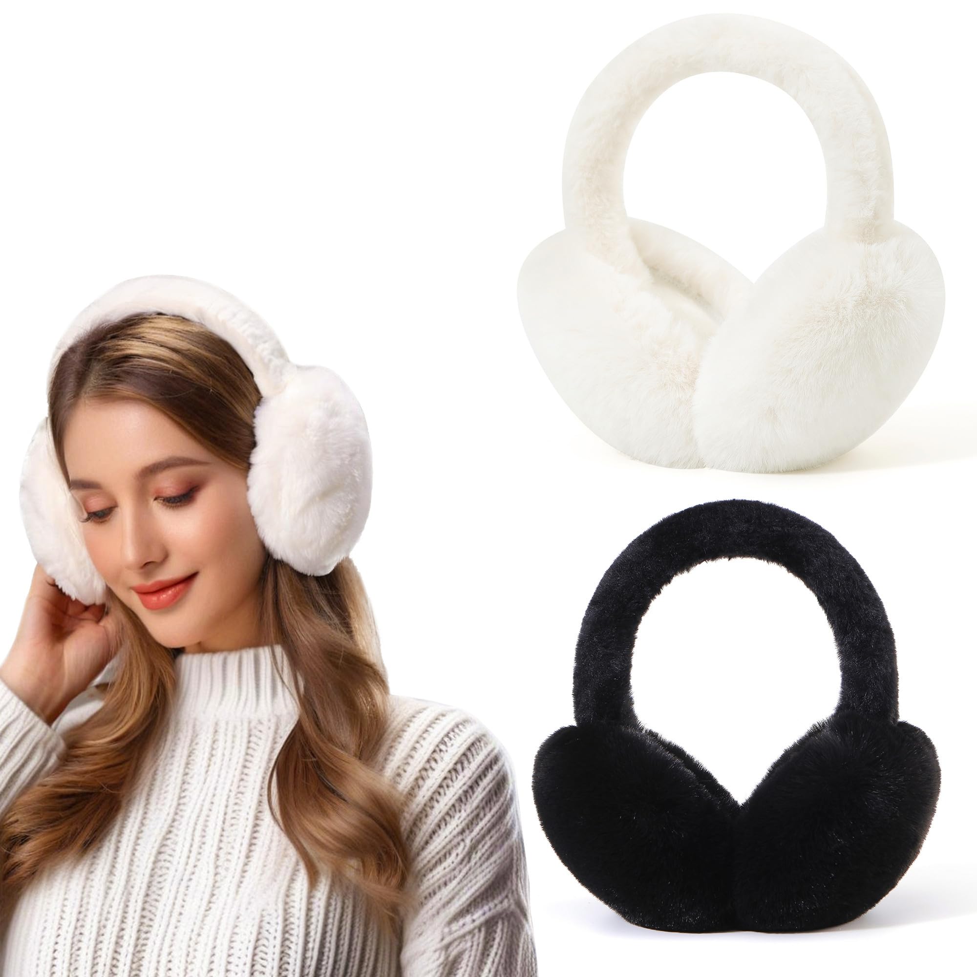 Eyegla Winter Ear Muffs Women Adjustable Fuzzy Earmuffs Faux Fur Ear Warmers Foldable Ear Covers for Cold Weather