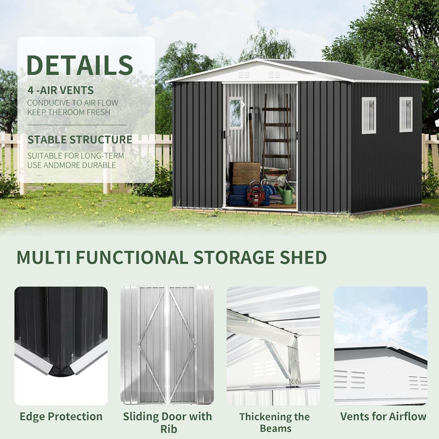 Detailed view of shed features including air vents, stable structure, thickened beams, and sliding door with rib