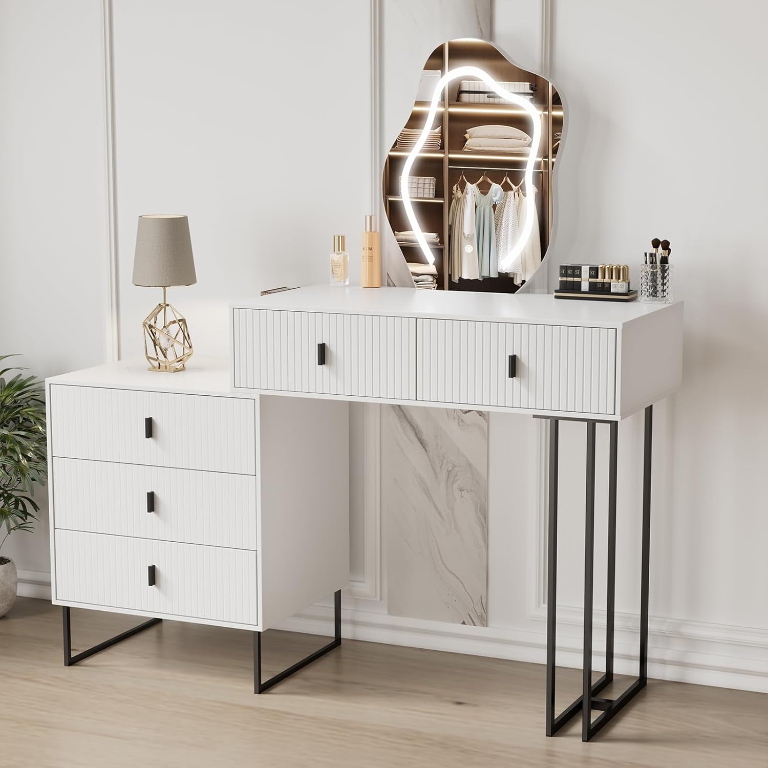 Dancongtea White Vanity Desk with 3-Color Touch Screen Lighted Mirror, 5 Drawers, Makeup Vanity Table Set with LightsDressing Table for Women Girls
