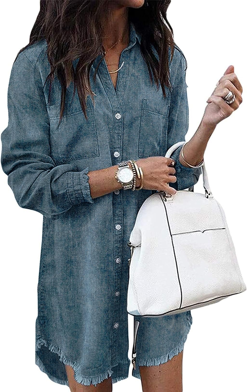 Women Denim Shirt Dresses Long Sleeve Distressed Jean Dress Button Down Casual Tunic Top