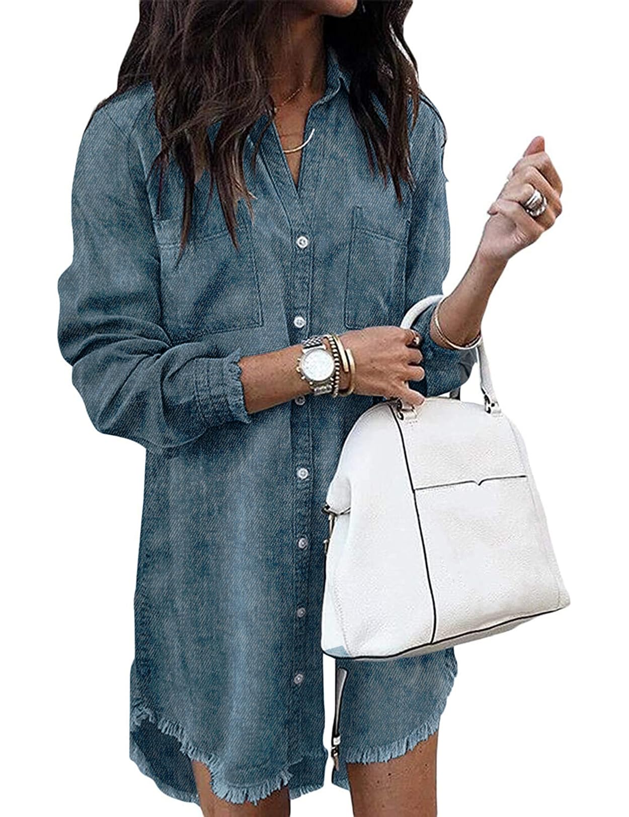 Zilcremo Women Denim Shirt Dresses Long Sleeve Distressed Jean Dress Button Down Casual Tunic Top