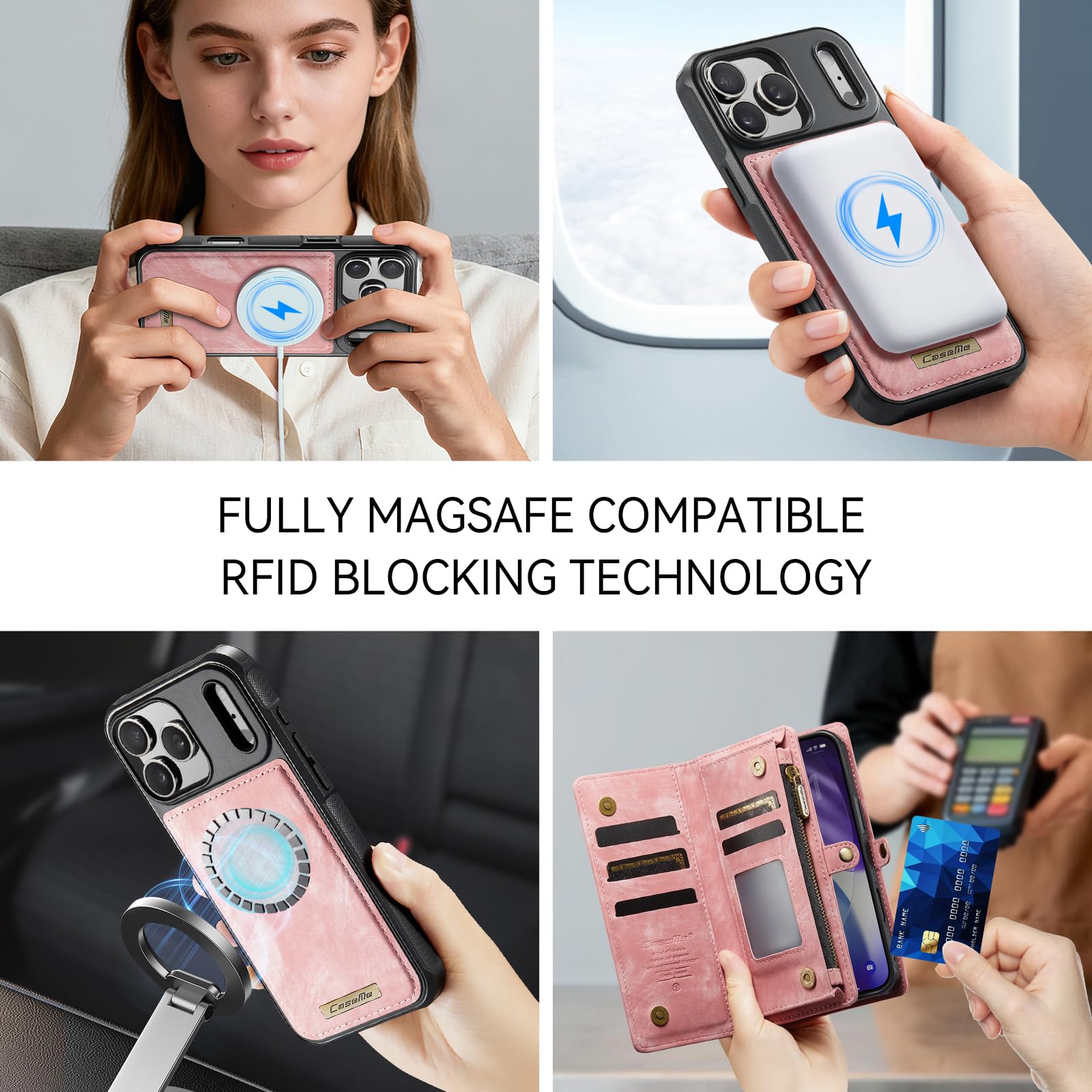 Etui portfelowe na iPhone'a 17 Pro, z 8 przegródkami na karty, magnetyczne zamknięcie, kieszeń na zamek błyskawiczny, odpinane magnetyczne wzornictwo 2 w 1, wysokiej jakości skóra PU, z paskiem
