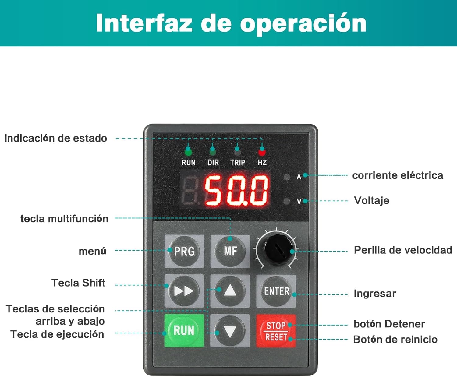 DEWIN VFD control panel with labeled buttons and indicators
