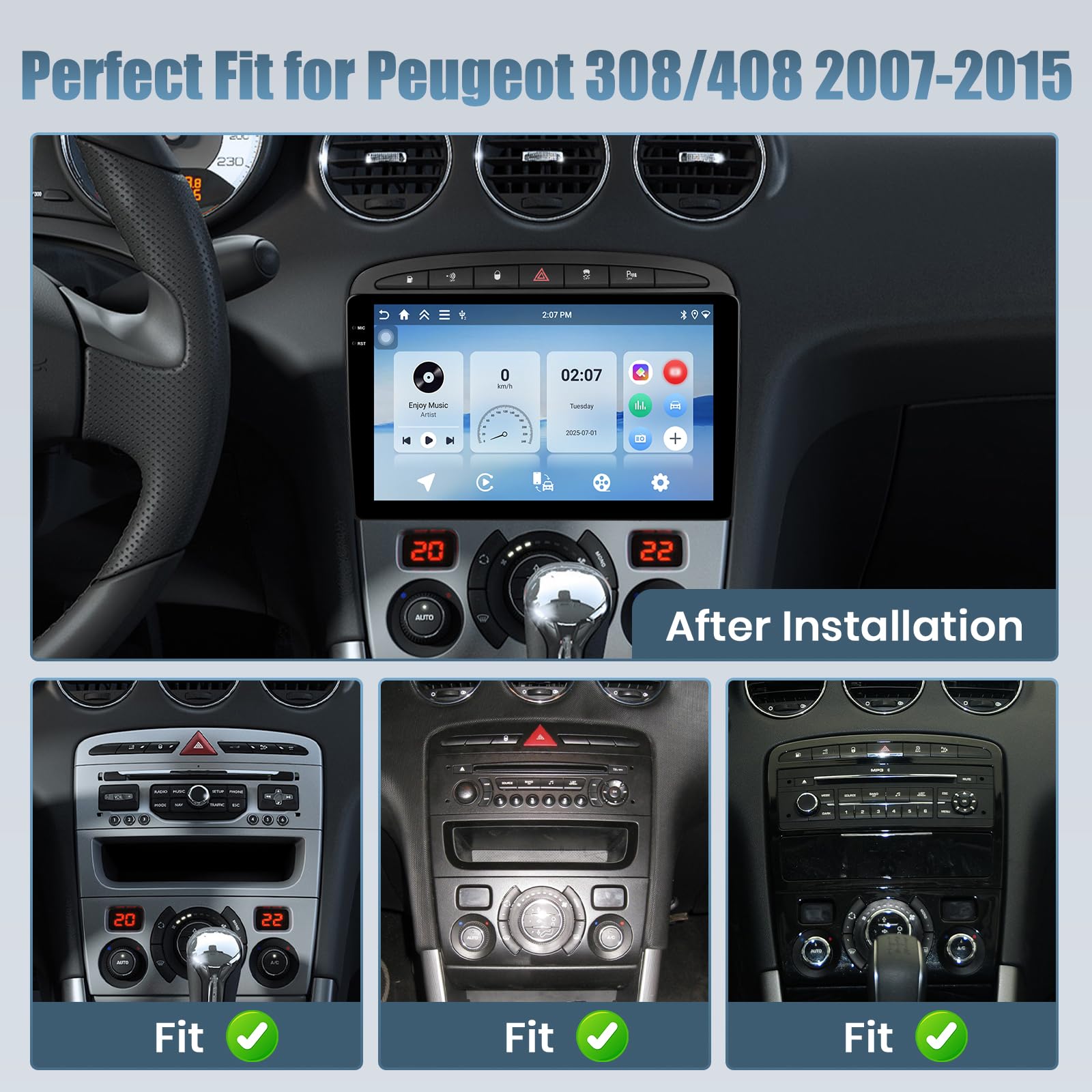 Roinvou Ekran samochodowy 4+64G do Peugeot 308 408 2007-2015 CarPlay Android Auto, 9-calowy ekran dotykowy Incell Android 15 Stereo samochód z GPS Bluetooth EQ WIFI RDS FM SWC kamera cofania