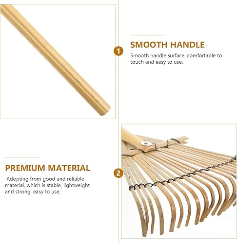 Miniatura 6 de YARNOW Rastrillo de jardín de bambú, rastrillo de mano de 20 dientes para hojas, extensión del suelo y cuidado del césped, herramienta de jardinería