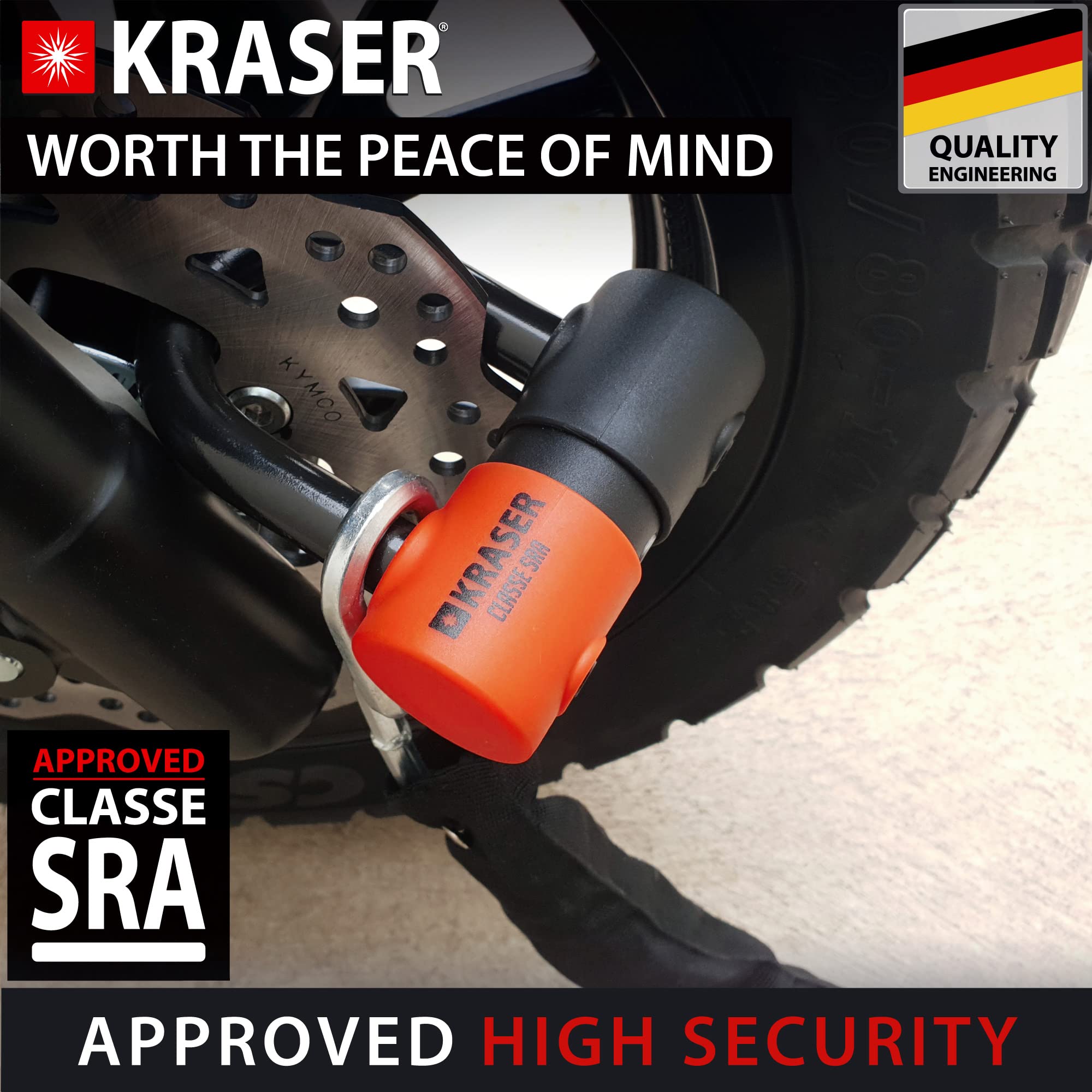 KRASER KR50+120L Łańcuch Motocyklowy z Kłódką Homologowana Tarcza SRA Zestaw Antykradzieżowy Mini U Solid Ø18 + Przykuty System Pętli 120 cm Ø10 Sześciokątny Wielofunkcyjny